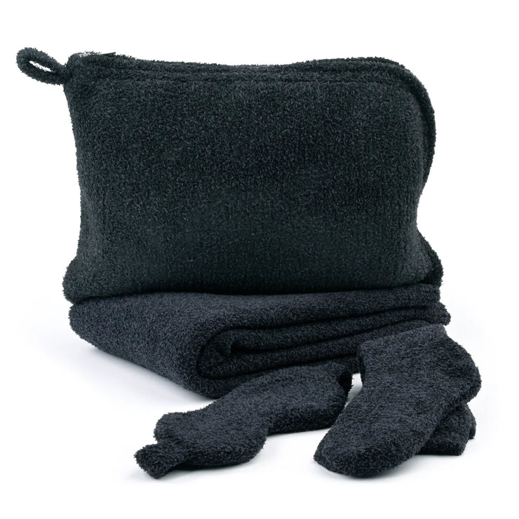 Kashwere Ultra Plush Onyx Travel Blanket, Pouch, Eye Mask and Spa Socks Set