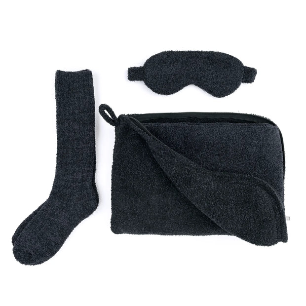 Kashwere Ultra Plush Onyx Travel Blanket, Pouch, Eye Mask and Spa Socks Set