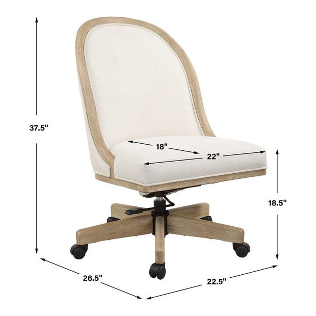 Uttermost Lithe White Frost Fabric and Light Oak Natural Ceruse Desk Chair with Casters