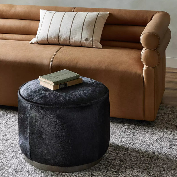 Four Hands Sinclair Round Ottoman  ~ Black Hair on Hide Leather