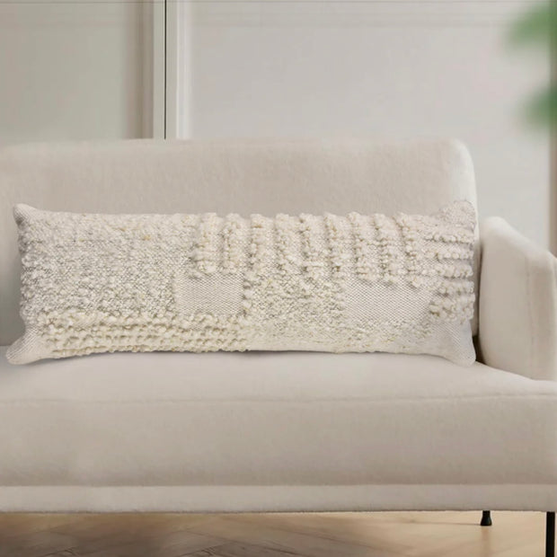 Anaya Home White Boucle Patchwork Handwoven Pillow 14x40 With Down Insert
