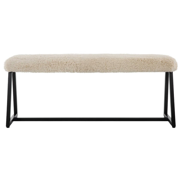 Uttermost Taupo Cream Long Haired Faux Sheepskin with Matte Black  Iron Base Bench