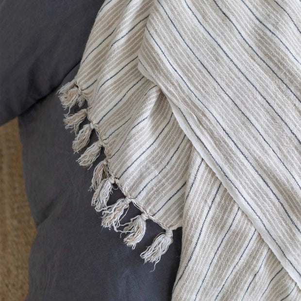 Pom Pom at Home Newport Natural and Midnight Striped Linen Throw Blanket ~ 50” x 70”