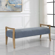 Uttermost Daylight Sky Blue Fabric Cushioned Seat Natural Oak Wood Bench