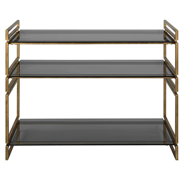 Uttermost Stacked Up Smoked Gray Glass Shelves with Antiqued Gold Iron Contemporary Console Table