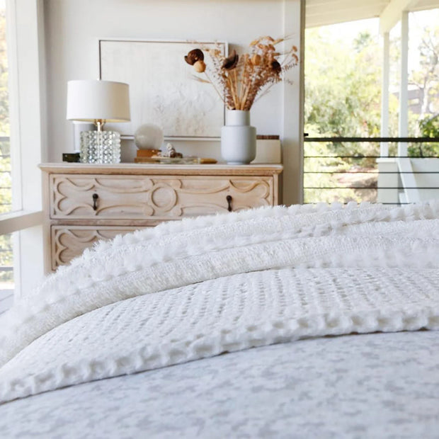 Pom Pom at Home Camille Winter White Chenille Oversized Throw Blanket with Tassels ~ 60” x 90”