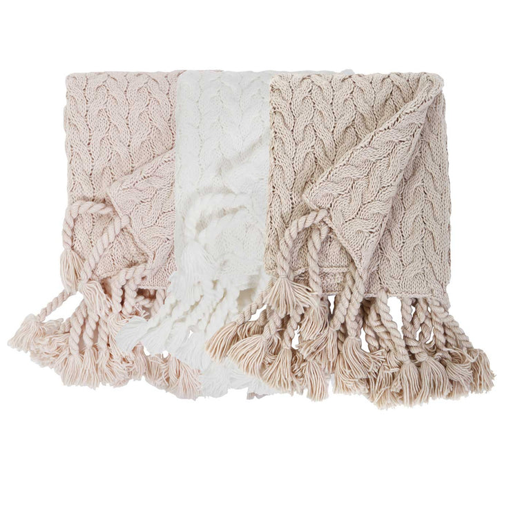 Pom Pom at Home Capistrano Winter White Cable Knit Throw Blanket with Tassels ~ 50” x 60”