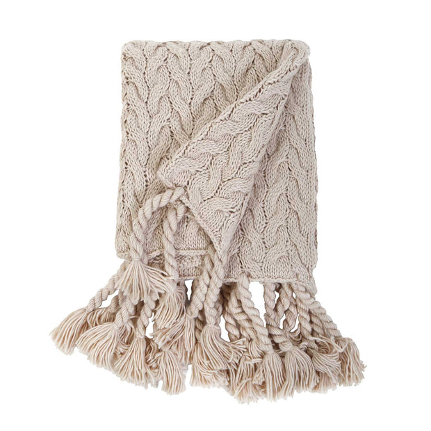 Pom Pom at Home Capistrano Taupe Cable Knit Throw Blanket with Tassels ~ 50” x 60”