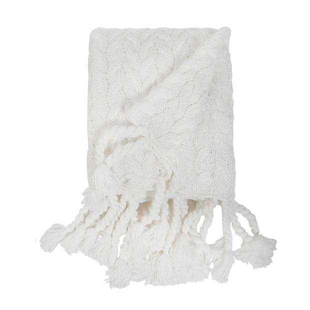 Pom Pom at Home Capistrano Winter White Cable Knit Throw Blanket with Tassels ~ 50” x 60”