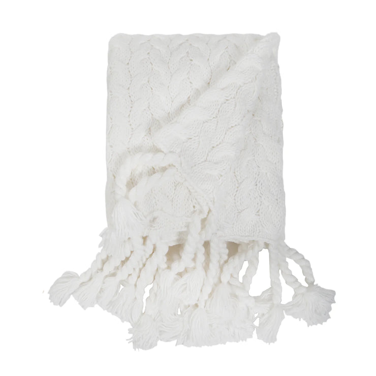 Pom Pom at Home Capistrano Winter White Cable Knit Throw Blanket with Tassels ~ 50” x 60”