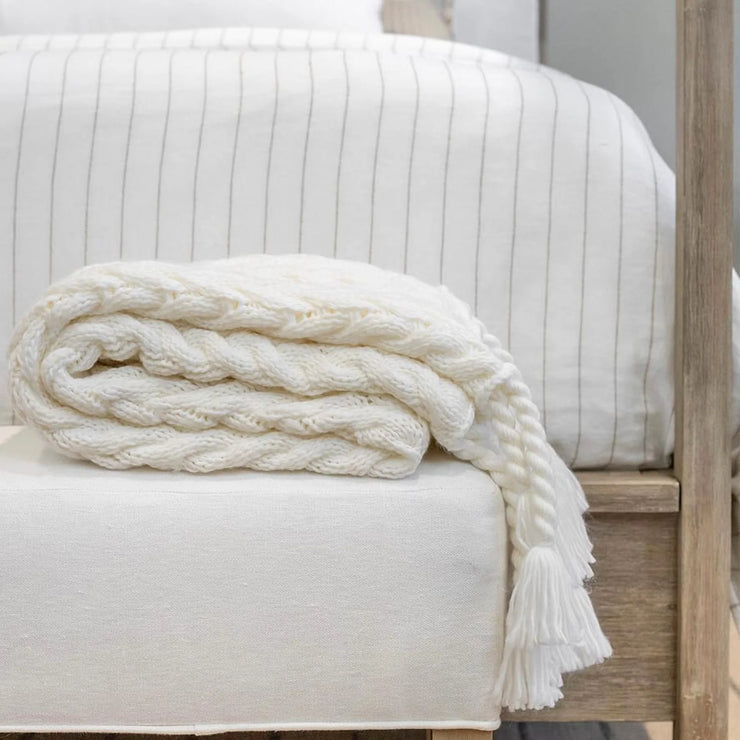 Pom Pom at Home Capistrano Winter White Cable Knit Throw Blanket with Tassels ~ 50” x 60”