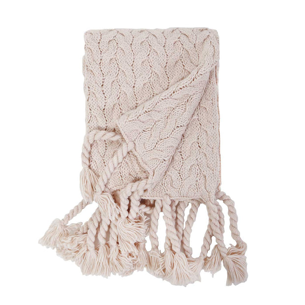 Pom Pom at Home Capistrano Blush Cable Knit Throw Blanket with Tassels ~ 50” x 60”