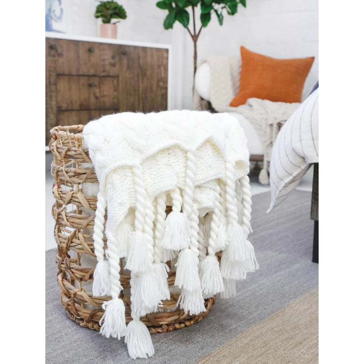 Pom Pom at Home Capistrano Winter White Cable Knit Throw Blanket with Tassels ~ 50” x 60”