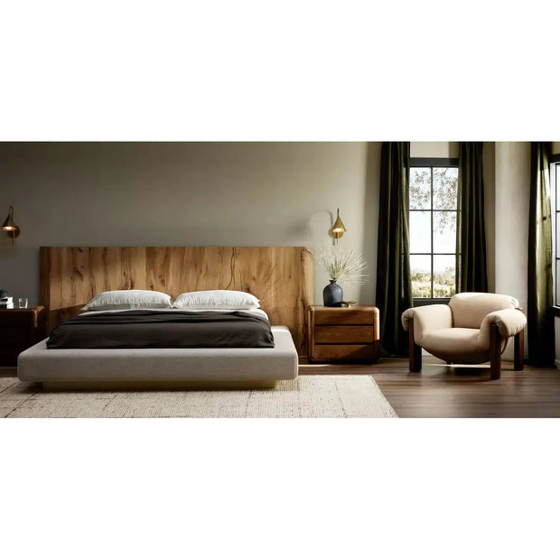 Four Hands Lara Low Profile Extra Wide Headboard Bed ~ Plinth Base Linen Blend Upholstered Queen Size Bed