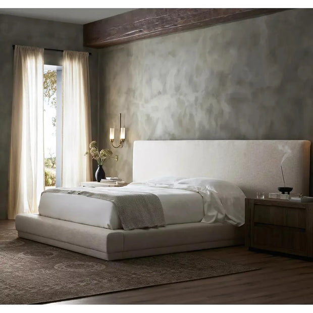 Four Hands Martina Low Profile Extra Wide Headboard Bed ~ Bergamo Parchment Linen Upholstered Queen Size Bed
