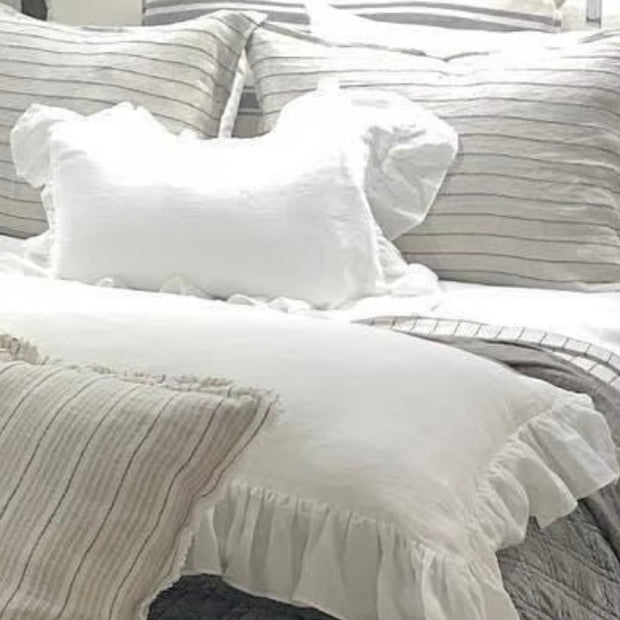Pom Pom at Home Charlie White Linen Ruffled Body Pillow with Insert  ~ 18 x 60