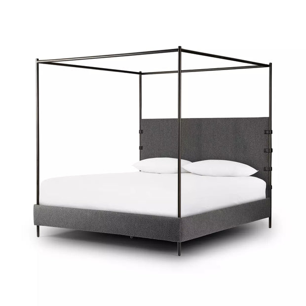 Four Hands Anderson Iron Canopy Bed ~ Knoll Charcoal Grey Boucle Upholstered Queen Size Bed