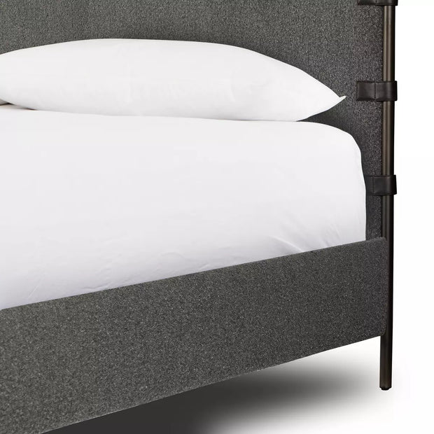 Four Hands Anderson Iron Canopy Bed ~ Knoll Charcoal Grey Boucle Upholstered King Size Bed