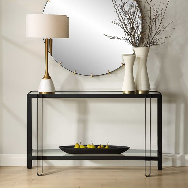 Uttermost Shadow Glass and Black Iron Modern Console Table