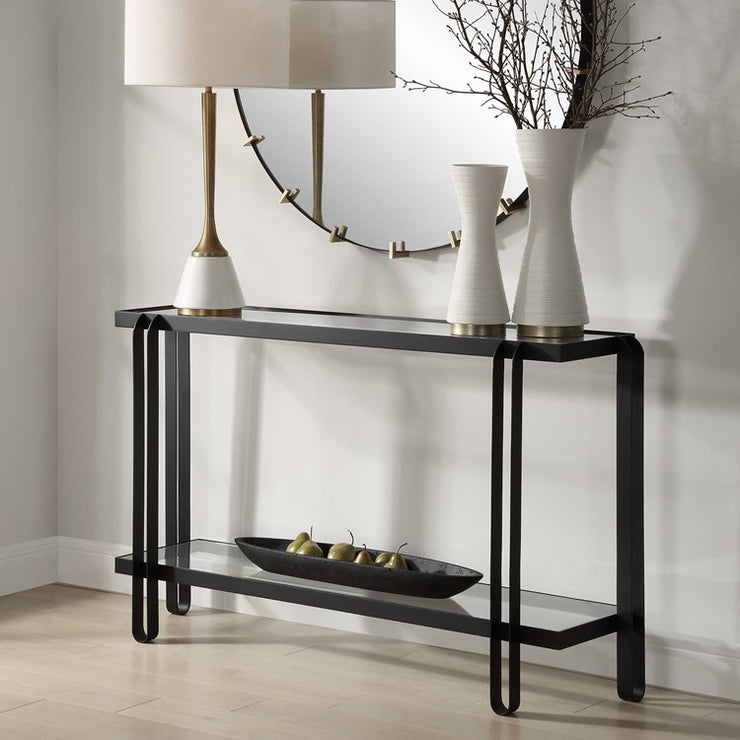 Uttermost Shadow Glass and Black Iron Modern Console Table
