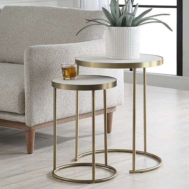 Uttermost Aragon White Shagreen Top with Brass Base Set of 2 Modern Round Nesting Tables