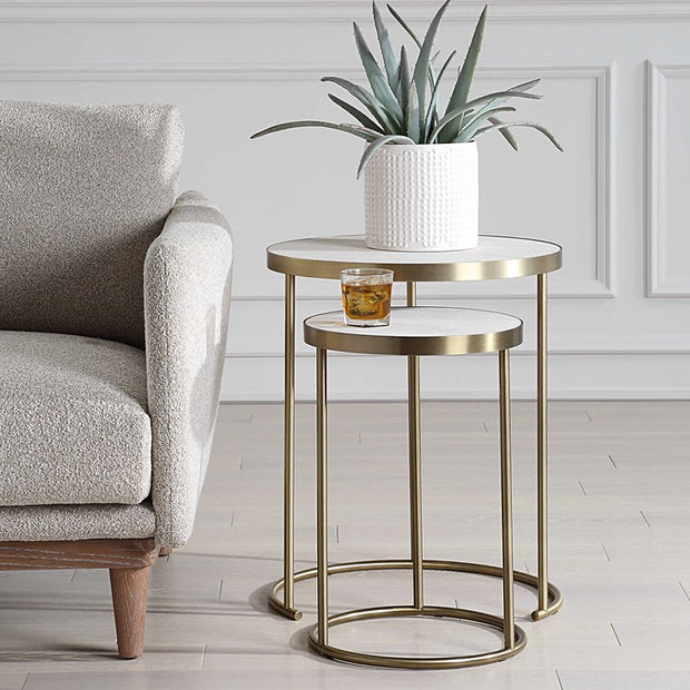 Uttermost Aragon White Shagreen Top with Brass Base Set of 2 Modern Round Nesting Tables