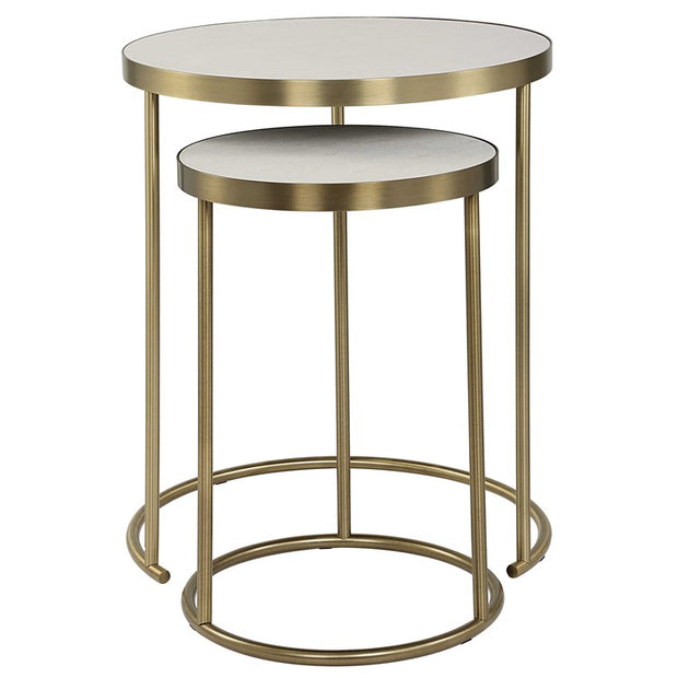 Uttermost Aragon White Shagreen Top with Brass Base Set of 2 Modern Round Nesting Tables