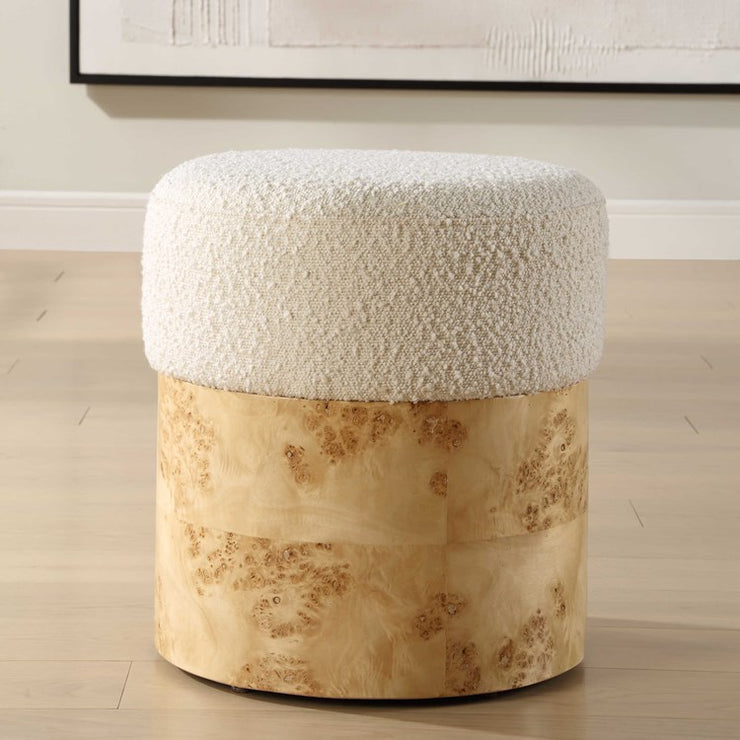 Uttermost Swirls Ivory Boucle with Burl Wood Round Ottoman