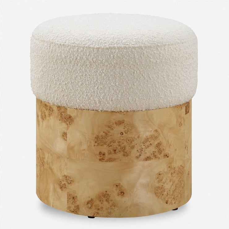Uttermost Swirls Ivory Boucle with Burl Wood Round Ottoman