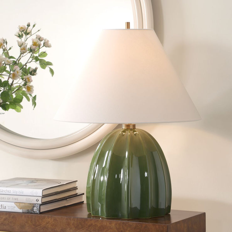 Uttermost Renna Rich Moss Green Glazed Base Table Lamp With White Linen Shade