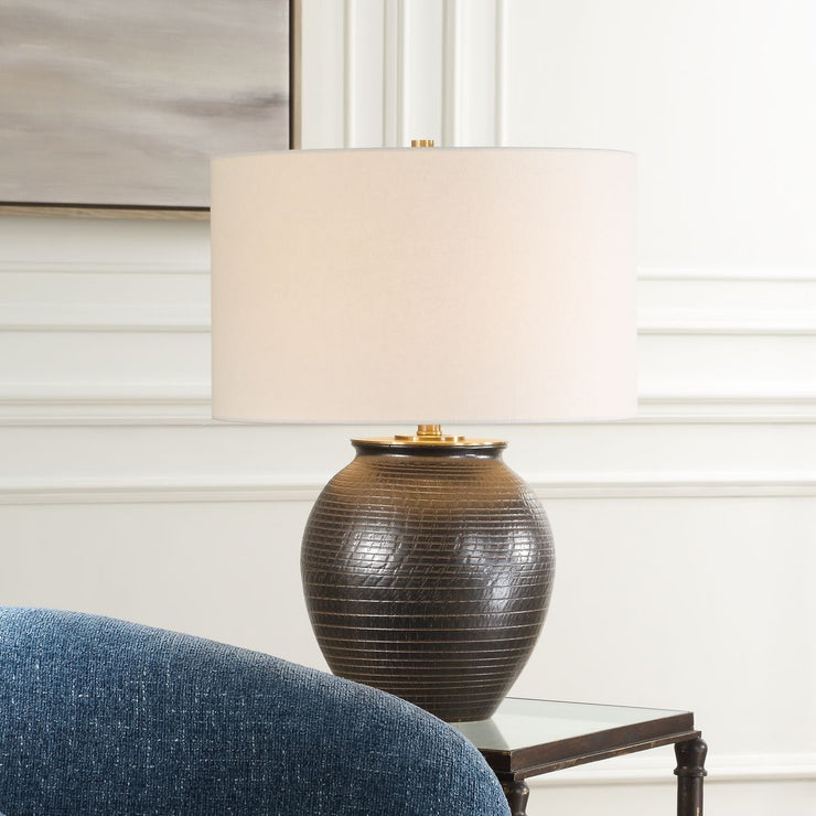 Uttermost Hawkins Dark Bronze Glazed Base Table Lamp With White Linen Shade
