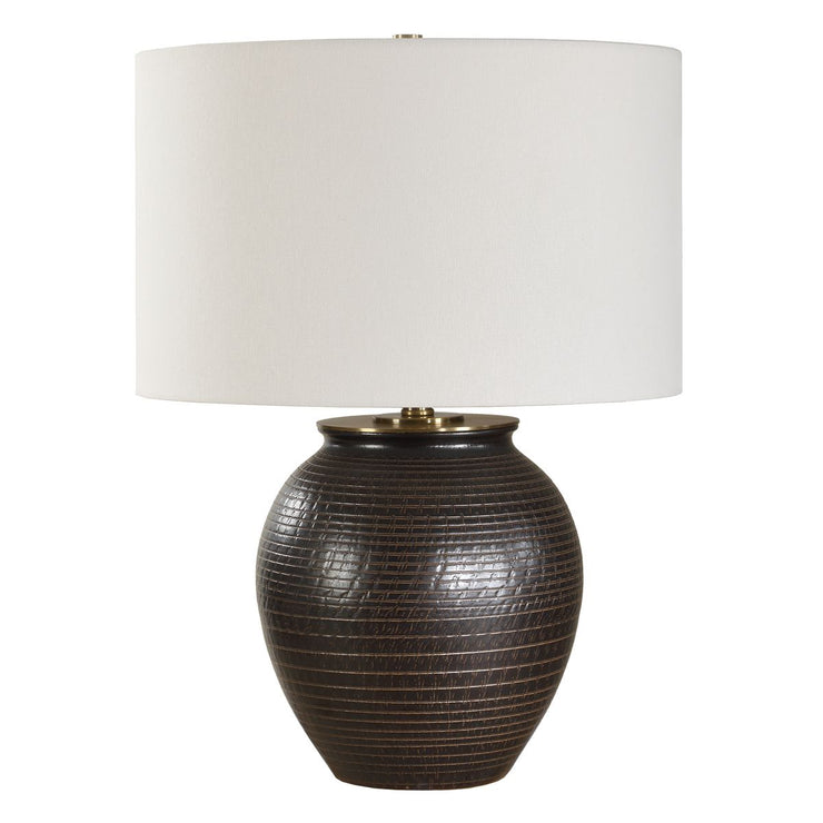 Uttermost Hawkins Dark Bronze Glazed Base Table Lamp With White Linen Shade