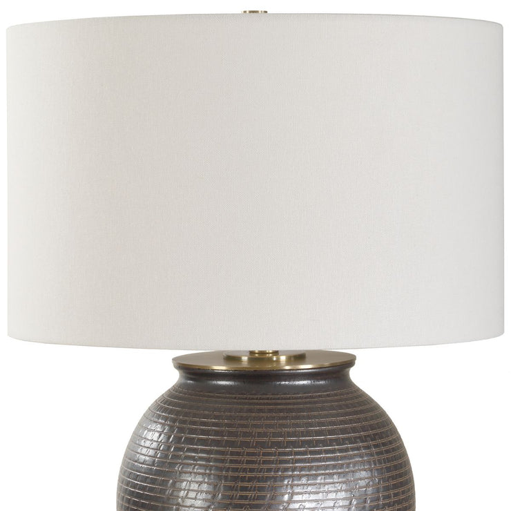 Uttermost Hawkins Dark Bronze Glazed Base Table Lamp With White Linen Shade