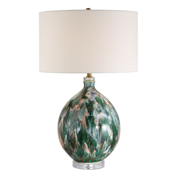 Uttermost Mihaela Ivory, Dark Green And Salmon Glazed Base Table Lamp With White Linen Shade