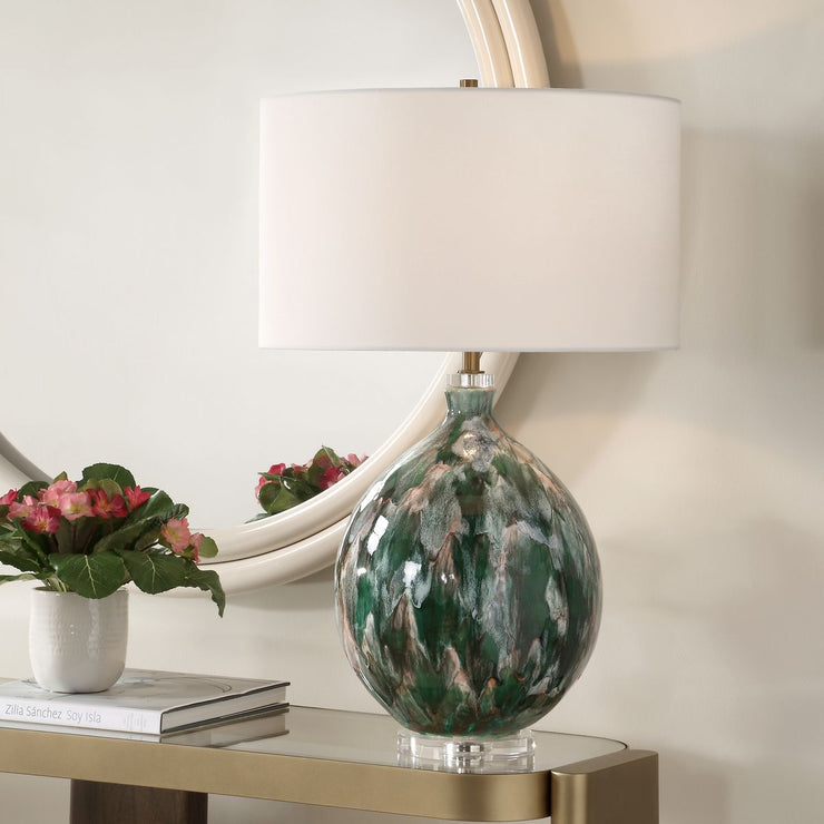 Uttermost Mihaela Ivory, Dark Green And Salmon Glazed Base Table Lamp With White Linen Shade