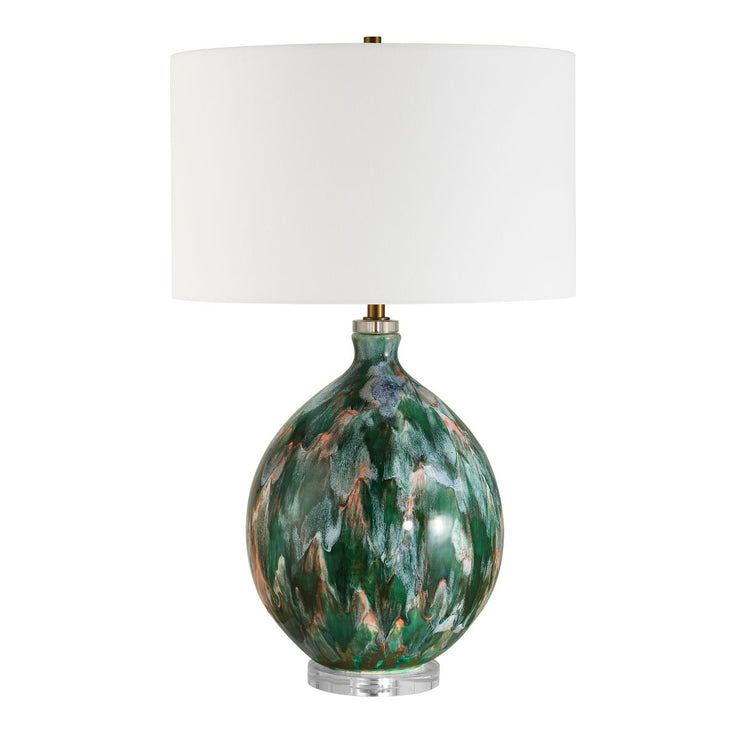 Uttermost Mihaela Ivory, Dark Green And Salmon Glazed Base Table Lamp With White Linen Shade