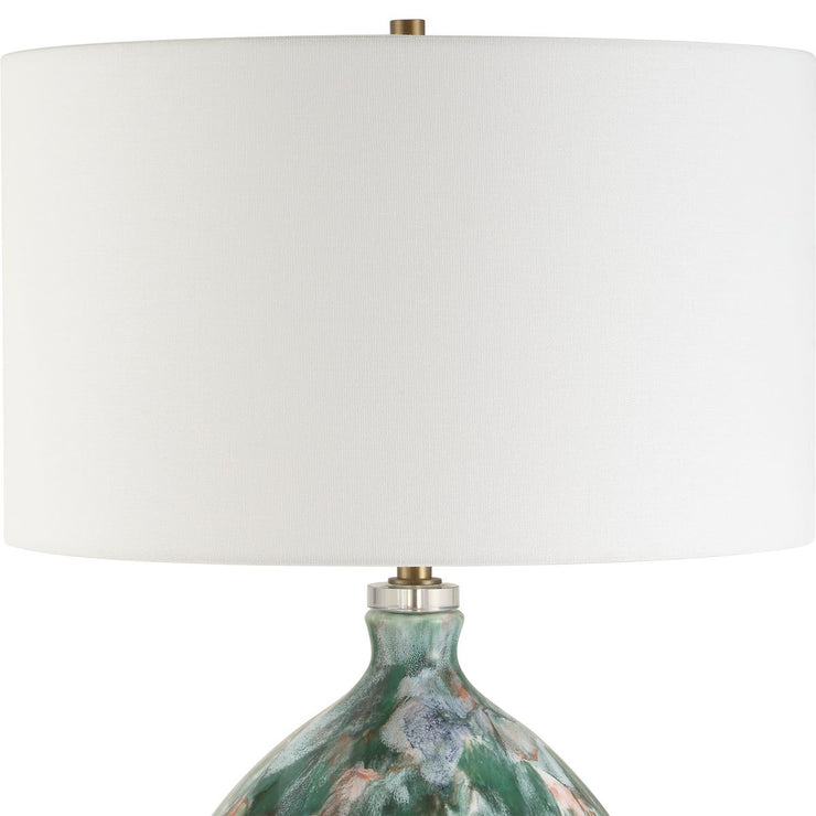 Uttermost Mihaela Ivory, Dark Green And Salmon Glazed Base Table Lamp With White Linen Shade