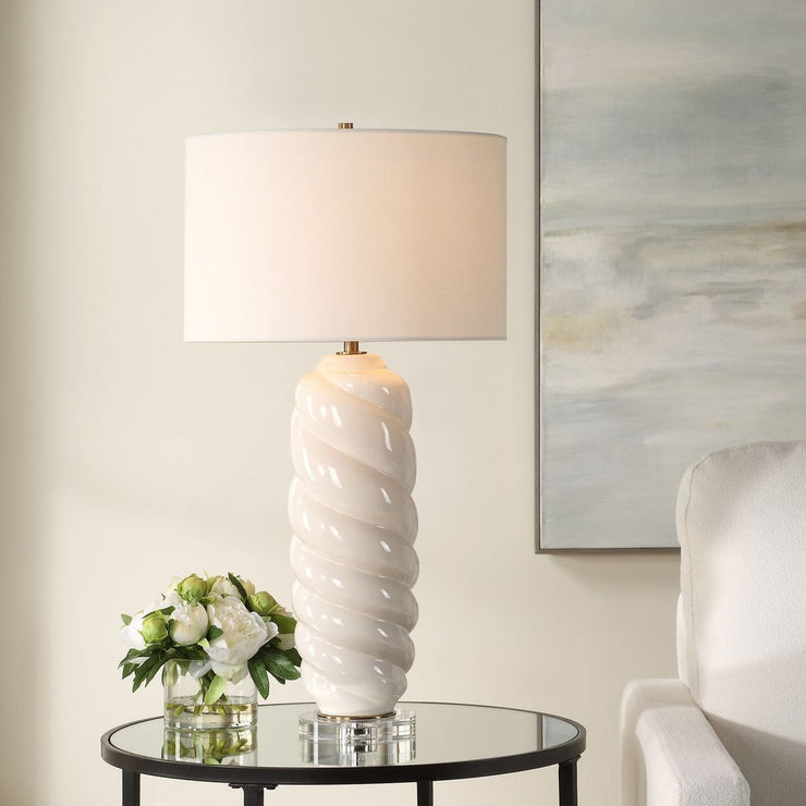 Uttermost Anneli White Ceramic Swirl Table Lamp With White Linen Shade