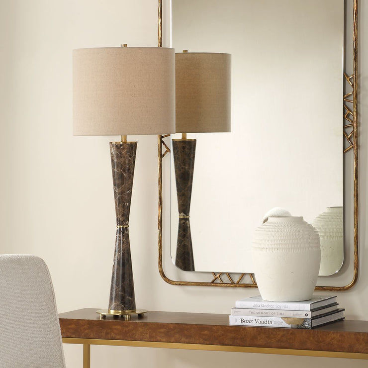 Uttermost Jameson Chocolate Brown Marble Hourglass Table Lamp With Light Beige Linen  Shade
