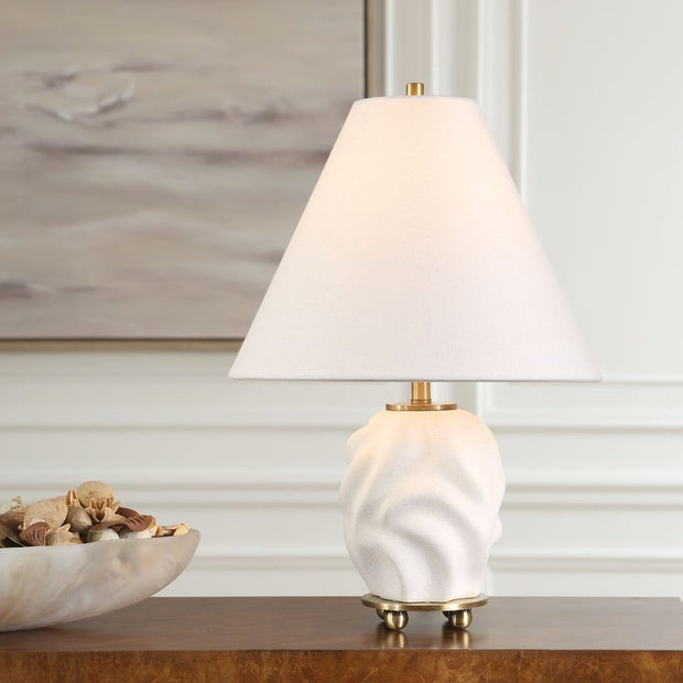 Uttermost Bora Matte White Glazed Swirl Base Accent Lamp With White Linen Shade