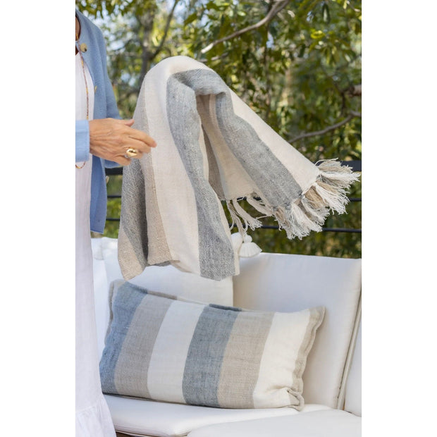 Pom Pom at Home Naples Ocean and Natural Linen Striped Oversized Throw ~ 60 x 90