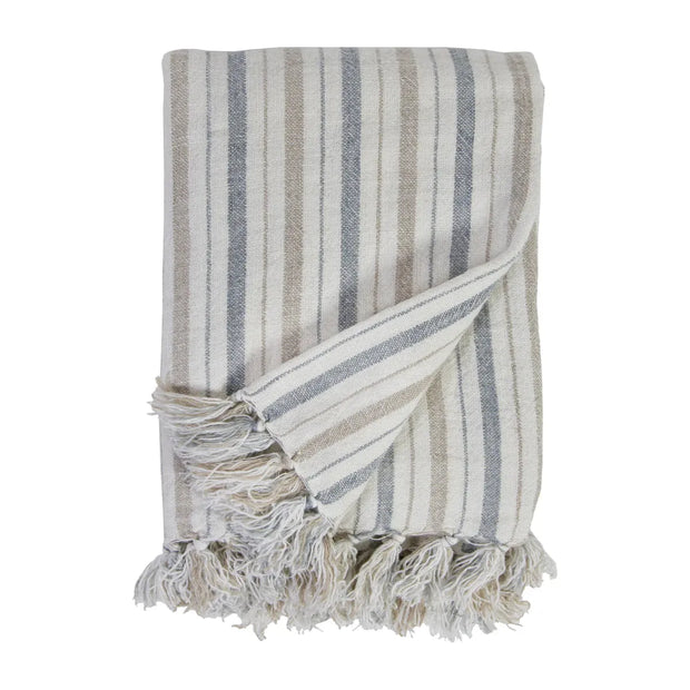 Pom Pom at Home Naples Ocean and Natural Linen Striped Oversized Throw ~ 60 x 90