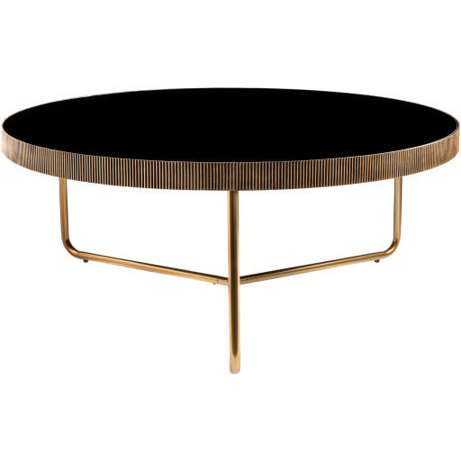 Surya Melton Modern Black Glass & Metallic Brass Base Round Coffee Table  MEL-003