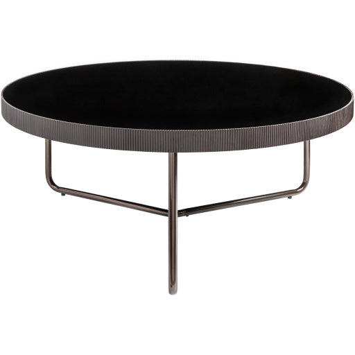Surya Melton Modern Black Glass & Metallic Nickel  Base Round Coffee Table  MEL-004