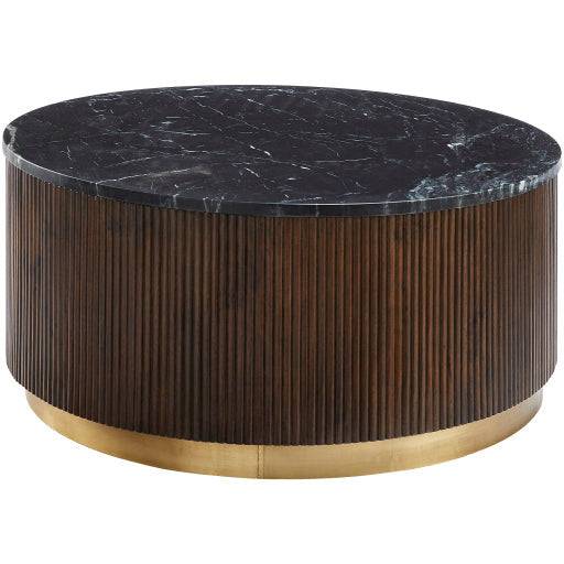 Surya Nems Modern Black Marble Top & Mango Wood With Brass Base Round Coffee Table NMS-002
