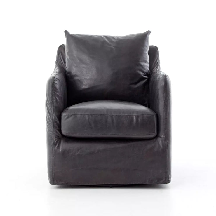 Four Hands Banks Swivel Chair ~  Rider Black Top Grain Leather Slipcover