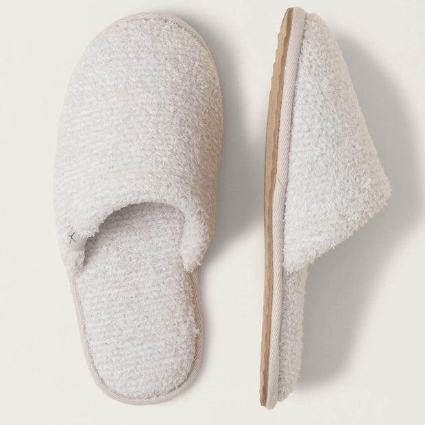 Barefoot Dreams CozyChic Spa Slippers ~ Size M 7/8 ~ Heathered Stone and White