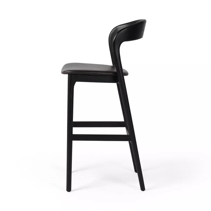 Four Hands Amare Curved Wood Bar Stool ~ Sonoma Black Leather Seat