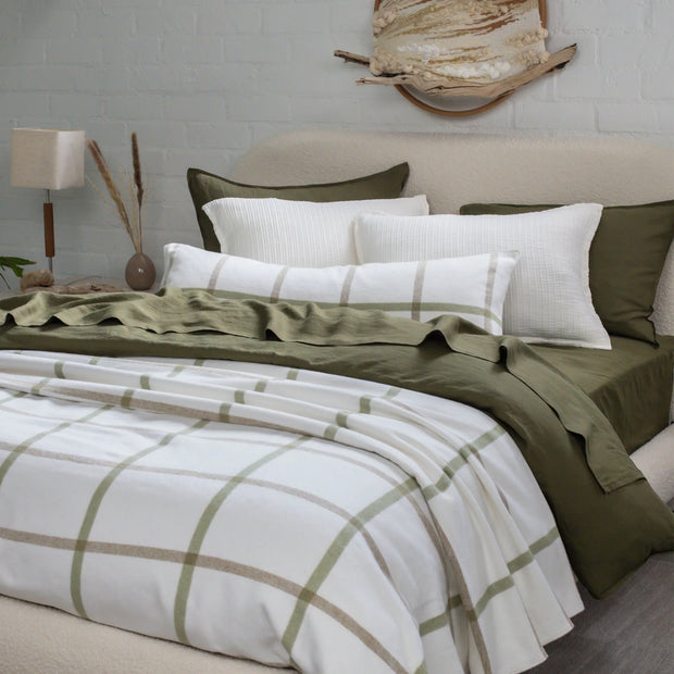 Pom Pom at Home Copenhagen White and Olive Pillow with Insert ~ 14 x 40