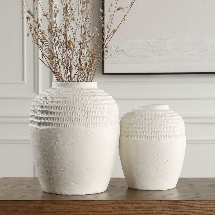 Uttermost Luna Ridge Chalk White Ceramic Vases  ~ Set Of Two